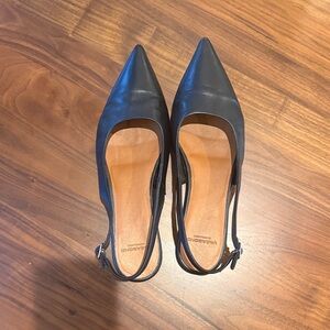 Black Leather Pointed Toe Slingback Shoes